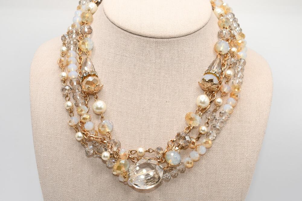 Multi Strand Crystal Necklace Opalescent Glass Faux Pearl Gold Tone